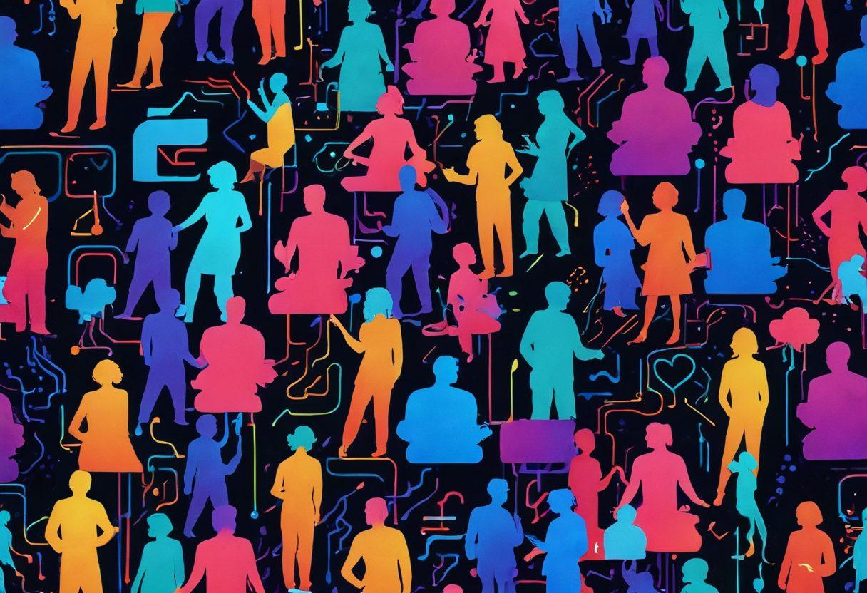 A vibrant collage showcasing various elements of online adult entertainment; include abstract representations of streaming platforms, silhouettes of couples in intimate poses, and colorful icons symbolizing diversity and inclusivity. The background should resemble a digital interface with glowing neon lines intersecting, capturing the essence of modern technology. super-realistic. vibrant colors. digital art.